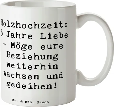 Produktbild von Mr. & Mrs. Panda Becher Spruch 5. Hochzeitstag Holzhochzeit - Weiß - Geschenk, Teetasse, Geschenke, personalisiert, Heirat, Heiraten, Liebe feiern, Kaffeetasse, Pott