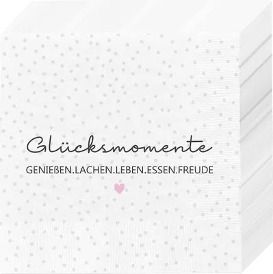 Produktbild von Servietten 'Glücksmomente' 80er Set 33x33cm 3-lagig Papierserviette weiß schwarz grau rosa Herz stoffähnlich Tuch Tischdeko