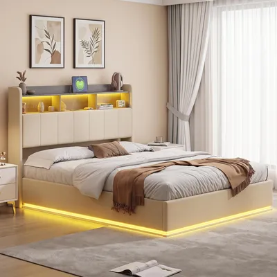 Immagine prodotto di Letto imbottito INONEFT 140x190 cm con LED e USB, letto con sistema di sollevamento idraulico e spazio contenitore, letto matrimoniale con spazio contenitore e rete a doghe, letto per ragazzi con testiera, in velluto, color beige