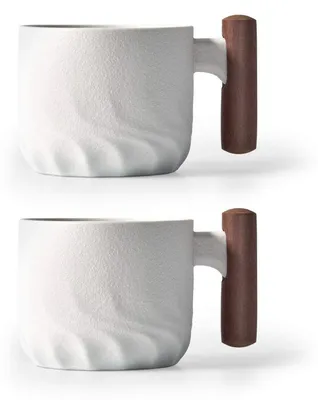 Productafbeelding van Espressokopjes, keramiek met houten handvat, 57 ml, wit, set van 2