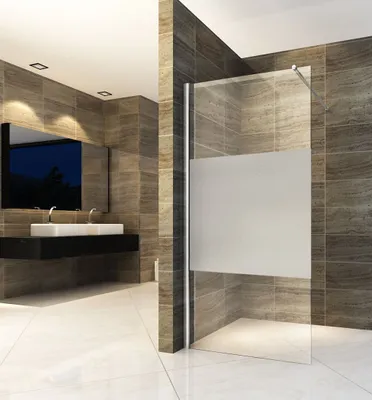 A modern bathroom with a shower enclosure, vanity, and sink.