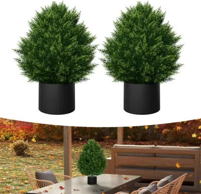 Image de UISEBRT Set de 2 Buis artificiels 60cm en pot - Petit cèdre, plantes artificielles résistantes aux UV pour chambre, salon & bureau