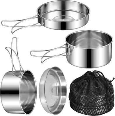 Produktbild von Camping-Kochset aus 4 Teilen - Rostfreier Kochtopf und Topf, tragbarer Faltschalenstel für Außenkochen, ideal für Camping und Wandern