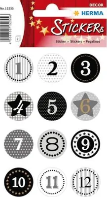 Produktbild von HERMA Adventskalendersticker 1-24, Papier, Schwarz, Gold, Grau, Permanent, Weihnachten, 24 Stück(e), 2 Blätter