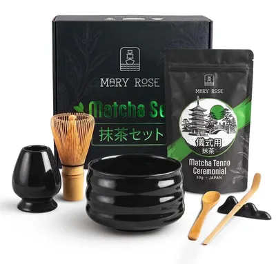 Produktbild von Mary Rose - Matcha Tee Geschenkset Japanische Ceremonial 30g - Mit Schwarz Keramik Matchawan Schale Yoru 500ml - Bambus Chasen, Chashaku, Halter