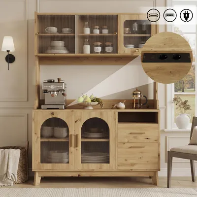 Produktbild von STILVORA Buffetschrank mit mehrstufigem Stauraum, Hochschrank mit Steckdose, Esszimmerschrank mit USB-C/USB-A-Anschlüssen, Holzfarbe