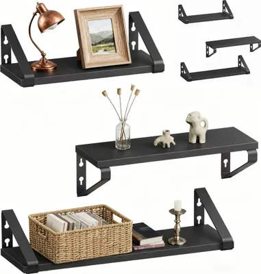Immagine prodotto di Scaffale da parete Relaxdays, set da 6 pezzi, 3 misure: larghezza 30, 35, 40 cm, effetto legno e metallo, mensole da parete per libri e oggetti decorativi, nero