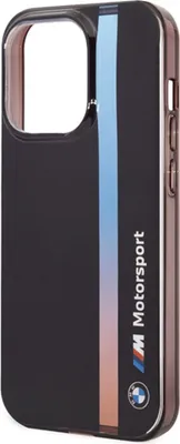 A black iPhone case with a vertical stripe of blue, white, and orange colors, featuring the BMW M Motorsport logo and text.
