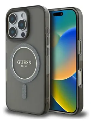 Zdjęcie produktu dla Etui Guess Glitter Circle MagSafe do iPhone 16 Pro czarny