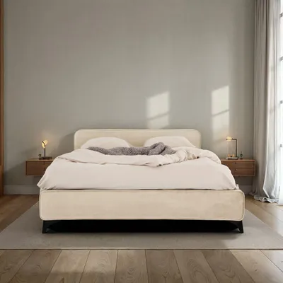 Produktbild von Polsterbett LAVORO Einzelbett 140x200, beige - Bett mit Lattenrost und Samtstoffbezug, Bettgestell mit gepolstertem Kopfteil, modernes Design, Robuster Holzrahmen & Metallbeine