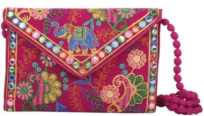 Produktbild von Handgebroderter Mini-Clutch aus Jaipuri-Art für Frauen - Kleine Schmucktasche für Hochzeit und Feier - Handgefertigt - Rosa
