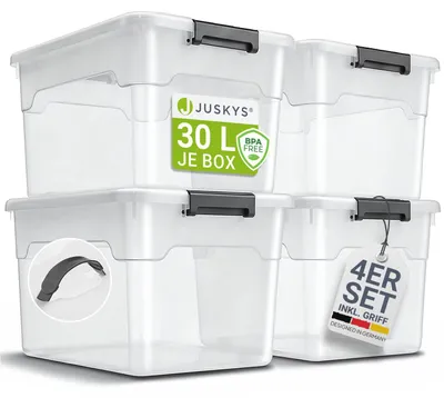 Produktbild von Juskys Aufbewahrungsbox mit Deckel - 4er Set Kunststoff Boxen 30l - Box groß, stapelbar, transparent - Aufbewahrung Ordnungssystem Aufbewahrungsboxen