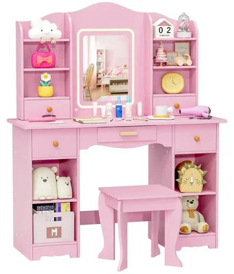 Produktbild von Kinderschminktisch - Prinzessin Frisiertisch mit Spiegel und Hocker - Holz - LED-Beleuchtung - 5 Schubladen, 10 Fächer - 95x34x118 cm - Rosa