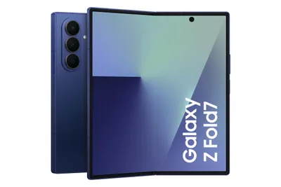 A blue foldable smartphone is shown from a diagonal angle, with the screen displaying a gradient wallpaper and text.