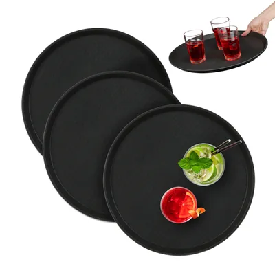 Image de Lot de 3 plateaux de service Relaxdays, surface antidérapante, plateau de serveur rond, boissons, restauration, Ø 40 cm, noir