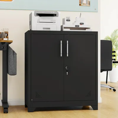Produktbild von Büroschrank mit 3 Fächern, Aktenschrank Abschließbar mit Schlüssel, Metallschrank, 80 x 40 x 90cm, Schwarz
