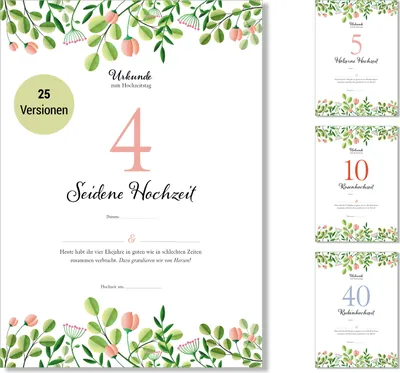Produktbild von Frank Paperman® | Geschenk zum 4. Hochzeitstag | Ehejubiläum | Seidene Hochzeit | Urkunde Hochzeitstag | floral | Vordruck im DIN-A4-Format