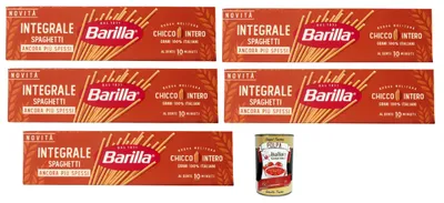 Produktbild von Barilla Integrale Spaghetti, Vollkorn Hartweizennudeln, klassische Spaghetti 100% Vollkorn, ballaststoffreich, al dente 10 Min, ideal für Tomatensaucen, Pesto & Gemüse 5x 500g + Italian Gourmet polpa