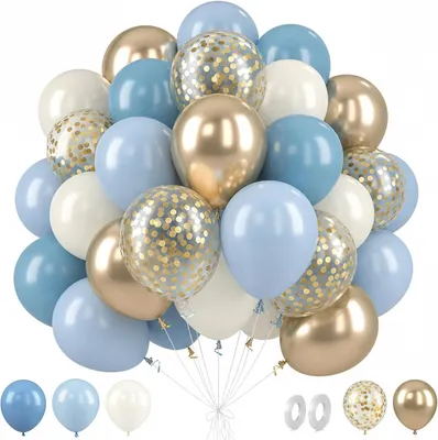 Produktbild von Ballonset 62 Stück 12 Zoll, für Geburtstag, Latex, blau, weiß, gold