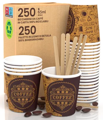 250 Pappbecher 65 ml, biologisch abbaubar + 250 Rührstäbchen