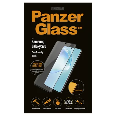 Packaging for a PanzerGlass screen protector for a Samsung Galaxy S20.