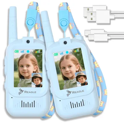 Image de Lot de 2 talkies-walkies pour enfants avec caméra – vidéo et audio, écran, modulateur de voix, portée de 300 m, USB-C, sans Wi-Fi, Reagle