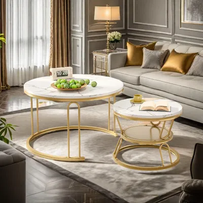 Image de Table basse - Table d'appoint - Table de salon - Petite table - Ensemble de tables basses rondes - Structure en métal doré