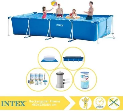 Produktbild von Intex Rectanguläres Rahmen Schwimmbad - Aufbauschwimmbad - 450x220x84 cm - Mit Abdeckdach, Wartungspaket, Schwimmbadpumpe, Filter und Bodenabdeckung