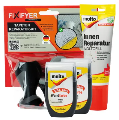 Produktbild von FIXIFYER Universal Reparatur-Set für Raufaser & Strukturtapeten + Molto Moltofill Innen-Reparaturspachtel + 2× Molto S.O.S. Easy Wandfarbe I Löcher & Risse in Strukturtapeten einfach ausbessern