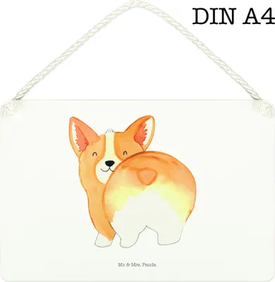 Produktbild von Mr. & Mrs. Panda Schild Corgi Po DIN A4 - Weiß - Geschenk, Holzschild, Türschild, Hund, Wandbild Holz, Spruch, Sprüche, holzbild, Corgie, wandtafel