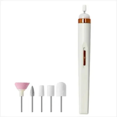 Imagen del producto de INF MJ-608 Taladro eléctrico de uñas 5 en 1 portátil — Bolígrafo de manicura portátil blanco con cinco cabezales intercambiables