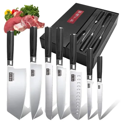 Produktbild von Küchenmesser Set, Edelstahlklingen, elegante Rosenholzgriffe, schwarz