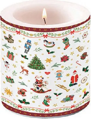 Produktbild von Kerze rund klein Ornaments all over red - Kleine Weihnachtssymbole rot Ø 7,5cm, Höhe 9cm