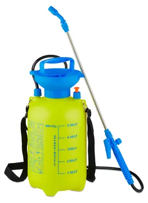 Immagine prodotto di Spruzzatore a pressione Relaxdays con lancia, 5 litri, ugello regolabile, per la cura delle piante e la pulizia, spruzzatore da giardino, giallo/blu