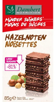 Produktbild von Damhert Schokolade weniger Zucker Haselnuss 85g