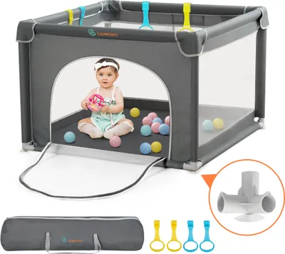 Produktbild von Laufstall Baby, Comomy  Laufgitter Baby Faltbar Für Drinnen und Draußen, Baby Laufstall Mit Tragetasche, Baby Playpen Mit Atmungsaktivem Netz und Reißverschluss (Grau 90 * 90cm)