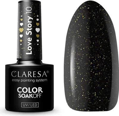 A bottle of CLARESA Hybrid-Gel-Nagellack LOVE STORY 10 and a nail polish swatch.