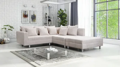 Produktbild von Wohnlandschaft Sofa Couch Ecksofa Eckcouch Cordstoff beige + Hocker Minsk R
