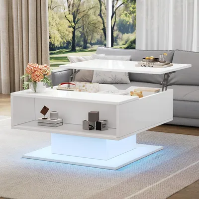 Obrázek produktu pro okwish Konferenční stůl, odkládací stolek s LED světelným pásem a úložným prostorem, konferenční stolek s hydraulickým zvedáním, stolek k pohovce s polouzavřeným úložným prostorem, bílá