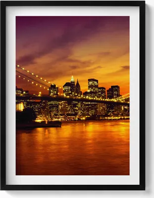 Produktbild von Abendlicher Blick auf die Brooklyn Bridge– Wandbild mit Rahmen – Gerahmtes Bild  – Wanddekoration – 60x80 cm –  Schwarz Rahmen