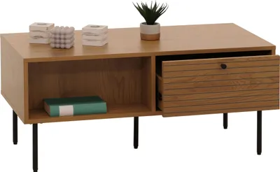 Produktbild von Couchtisch HWC-N78, Wohnzimmertisch Sofatisch, skandinavischer Stil Metall Holz Melamin MVG 45x100x50cm  natur