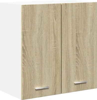 A two-door wall cabinet with a wood-grain finish on the doors and a white side.