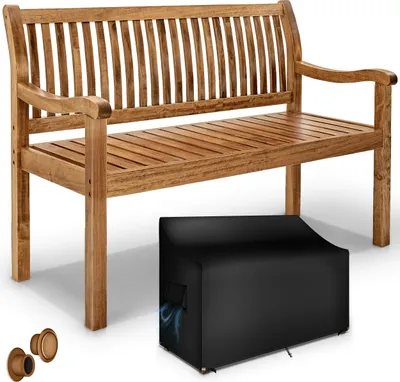 A wooden garden bench and a black cover for an outdoor item are shown against a white background.