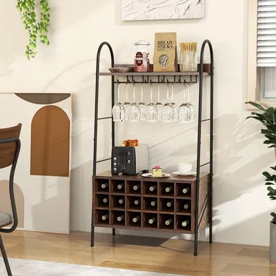 Obrázek produktu pro Stojan na víno na 18 lahví, stojan na lahve s 15 držáky na poháry a 2 policemi a odnímatelným držákem na lahve, vinotéka 115 cm (hnědá)