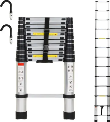 Obrázek produktu pro TolleTour teleskopický žebřík stříbrný 3,8 m s háky Výsuvný žebřík do 150 kg Stabilní hliníkový žebřík Multifunkční žebřík Štafle