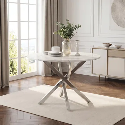 Produktbild von Flieks Esstisch Esszimmertisch Rund, Küchentisch mit Tischplatte in Marmoroptik, Kaffeetisch Freizeittisch für 2-4 Personen, 80x80x75cm, Silber