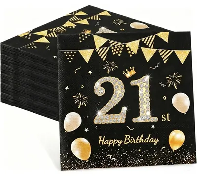 Servietten 21. Geburtstag, 60 Stück, Schwarz-Gold, Happy Birthday Deko