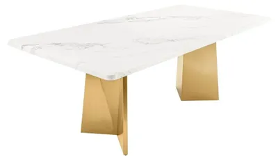 Productafbeelding van Eettafel OREA - Rechthoekig - Wit en goud marmer - Metalen poten - Chique en moderne stijl