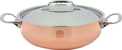 A copper pot with a silver lid and handles, shown from a front-facing angle on a white background.