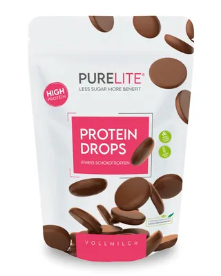 Produktbild von PURELITE Protein Drops Vollmilch – 26g Protein, ohne Zuckerzusatz, mit Erythrit & Stevia, Schokolade zum Naschen&Backen, Kuvertüre, kalorienarm, 450g